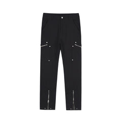 Black Rivet Patchwork Diagonal Zip Pocket Twill Pants