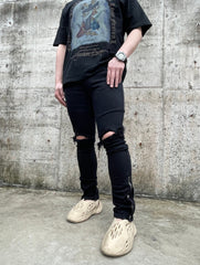 Black Ripped Knee Zip & Snap Skinny Denim