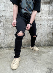 Black Ripped Knee Zip & Snap Skinny Denim
