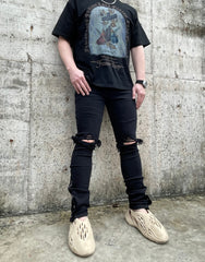 Black Ripped Knee Zip & Snap Skinny Denim