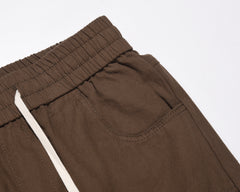 Brown Drawstring Waist Curved Zip Twill Pants