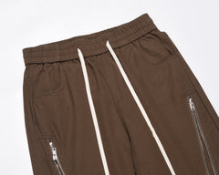 Brown Drawstring Waist Curved Zip Twill Pants