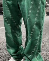 Green Embroidered Stripe Loose Fit Straight Leg Denim