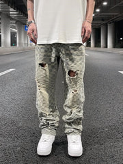 Blue Tonal Checked Ripped & Distressed Loose Fit Straight Leg Denim