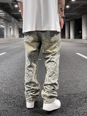 Blue Tonal Checked Ripped & Distressed Loose Fit Straight Leg Denim