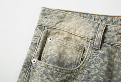 Blue Loose Thread Leopard Print Ripped Loose Fit Straight Leg Denim