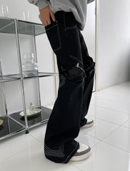Black Curved Stitch Zip & Snap Stacked Flare Leg Denim