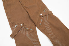 Brown Curved Stitch Zip & Snap Stacked Flare Leg Denim