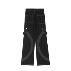 Black Curved Stitch Zip & Snap Stacked Flare Leg Denim