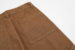 Brown Curved Stitch Zip & Snap Stacked Flare Leg Denim