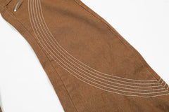 Brown Curved Stitch Zip & Snap Stacked Flare Leg Denim