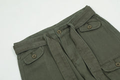 Army Green 3D Cargo Multi Pocket Belted Twill Pants