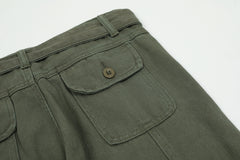 Army Green 3D Cargo Multi Pocket Belted Twill Pants