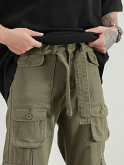 Army Green 3D Cargo Multi Pocket Belted Twill Pants