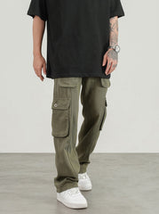 Army Green 3D Cargo Multi Pocket Belted Twill Pants