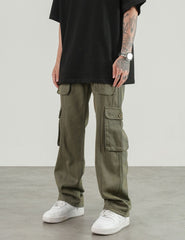 Army Green 3D Cargo Multi Pocket Belted Twill Pants