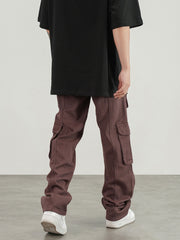 Brown 3D Cargo Multi Pocket Belted Twill Pants