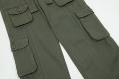 Army Green 3D Cargo Multi Pocket Belted Twill Pants