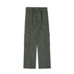 Army Green 3D Cargo Multi Pocket Belted Twill Pants