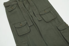 Army Green 3D Cargo Multi Pocket Belted Twill Pants