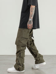 Army Green Zip & Strap 3D Cargo Twill Pants