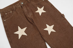 Brown Vintage Wash Stars Towel Patch Straight Leg Denim