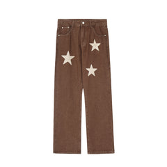 Brown Vintage Wash Stars Towel Patch Straight Leg Denim