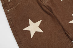 Brown Vintage Wash Stars Towel Patch Straight Leg Denim