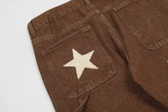 Brown Vintage Wash Stars Towel Patch Straight Leg Denim