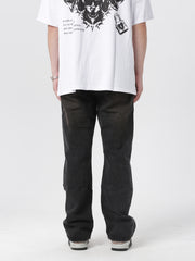Black Vintage Wash Curved Zip Flare Leg Denim