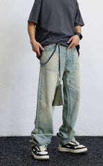 Light Blue Tinted Wash Detached Pocket Stacked Straight Leg Denim