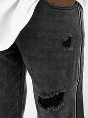 Dark Grey Ripped Thread Full Side Leg Zip Straight Leg Denim