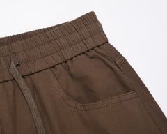 Brown Drawstring Waist Double Front Zip Pocket Twill Pants
