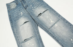 Blue Slash Cut Split Hem Straight Leg Denim