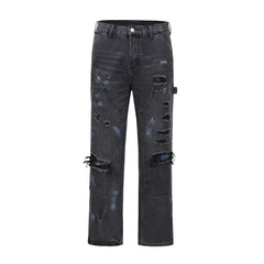 Black Ripped & Distressed Patch Work Stacked Straight Leg Denim