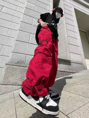 Red Dual Zip & Flap Cargo Pocket Wide Leg Pants