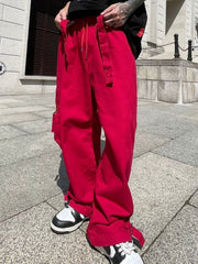 Red Dual Zip & Flap Cargo Pocket Wide Leg Pants