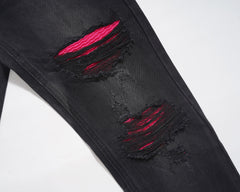 Black Ripped & Distressed Red Patch Zip Skinny Denim