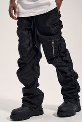 Black Dual Zip Pocket Ruched Nylon Pants