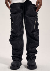 Black Dual Zip Pocket Ruched Nylon Pants
