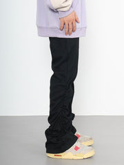 Black Ruched & Stacked Flare Leg Twill Pants