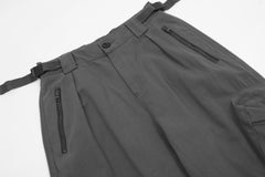 Dark Grey Diagonal Buckle Pocket Wide Leg Cargo Twill Pants