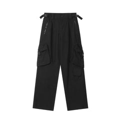Black Diagonal Buckle Pocket Wide Leg Cargo Twill Pants
