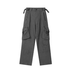 Dark Grey Diagonal Buckle Pocket Wide Leg Cargo Twill Pants