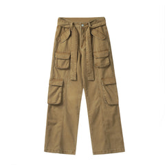 Khaki Vintage Wash Belted Multi-Pocket Cargo Twill Pants