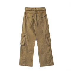 Khaki Vintage Wash Belted Multi-Pocket Cargo Twill Pants