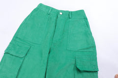 Green Snap Leg Band Cargo Corduroy Pants