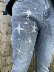 Blue Bleach Star Print Flare Leg Denim