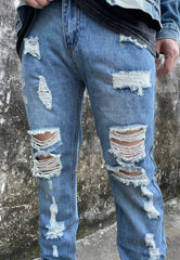 Blue Bleach Wash Ripped & Distressed Slim Leg Denim