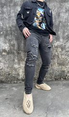 Black Worn In Wash Ripped & Heavy Distressed Skinny Denim